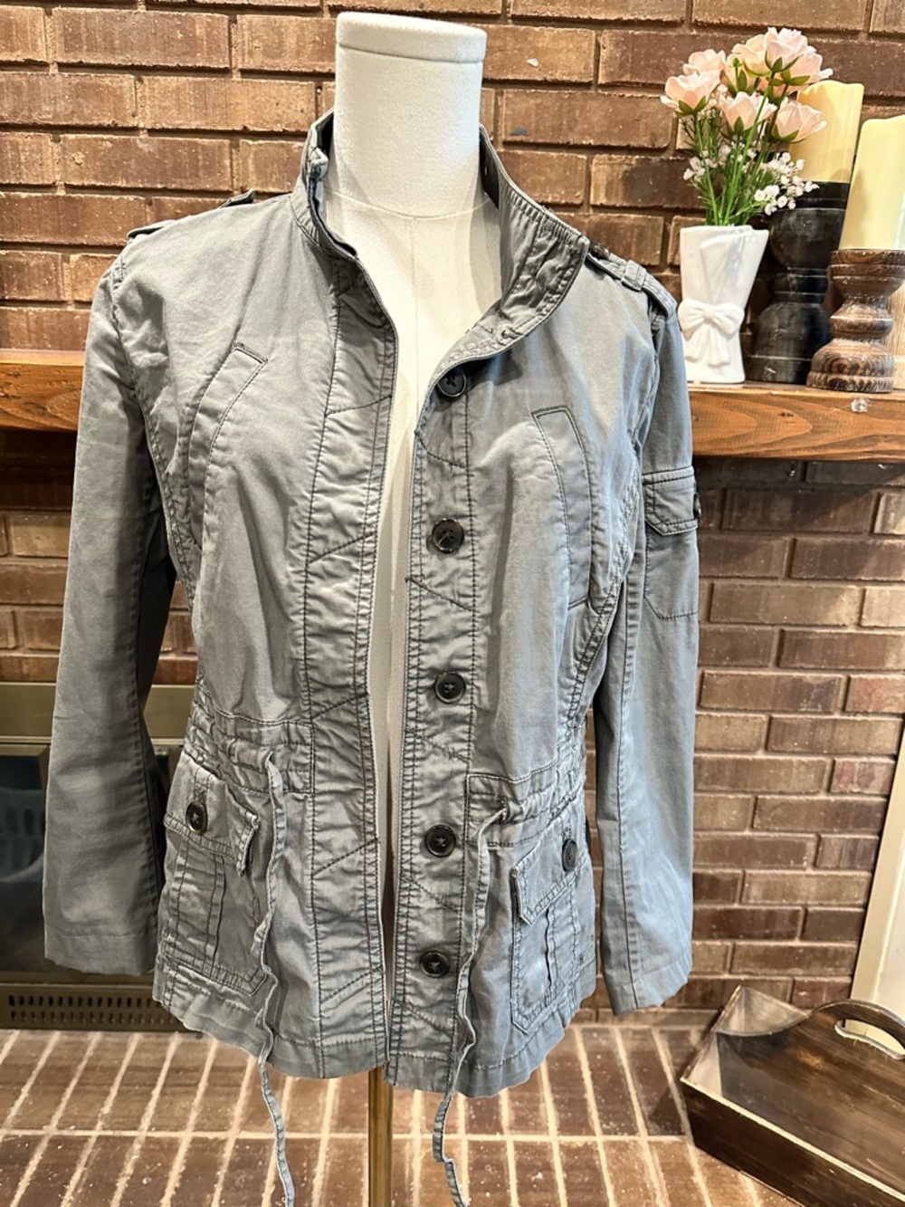 Ann Taylor LOFT Grey Utility Field Jacket Drawstring Waist Shoulder Epaulets S